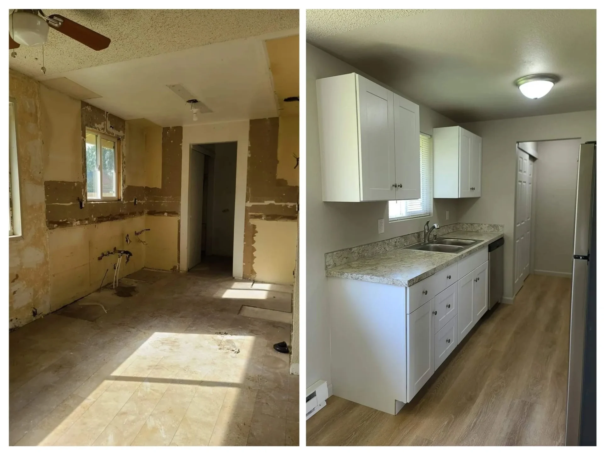 A before and after picture of the kitchen.