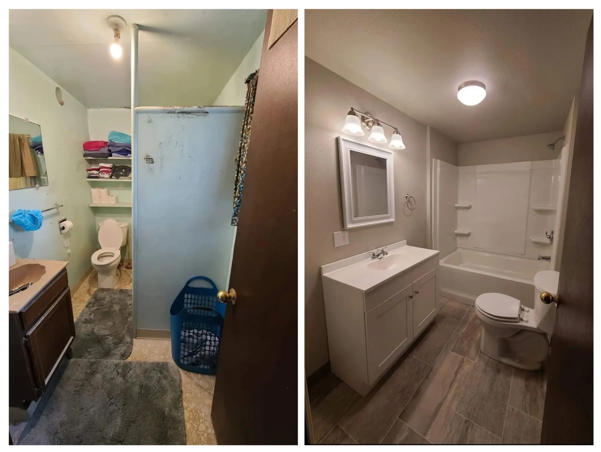 A before and after picture of the bathroom.