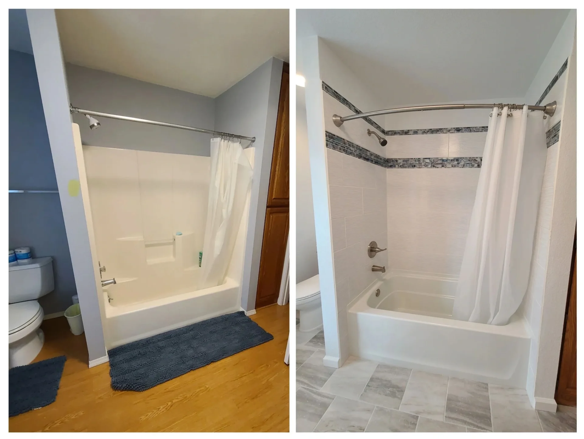 A before and after picture of the bathroom.