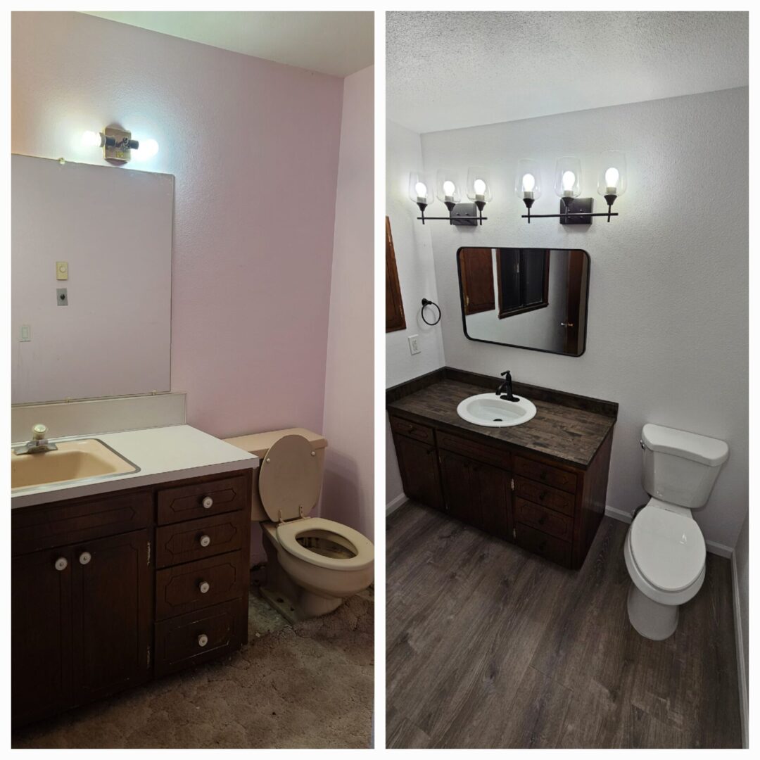 A before and after picture of the bathroom.