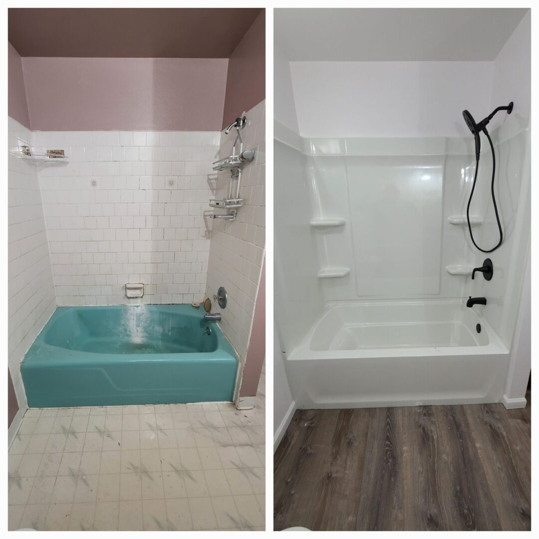 A before and after picture of the bathroom.