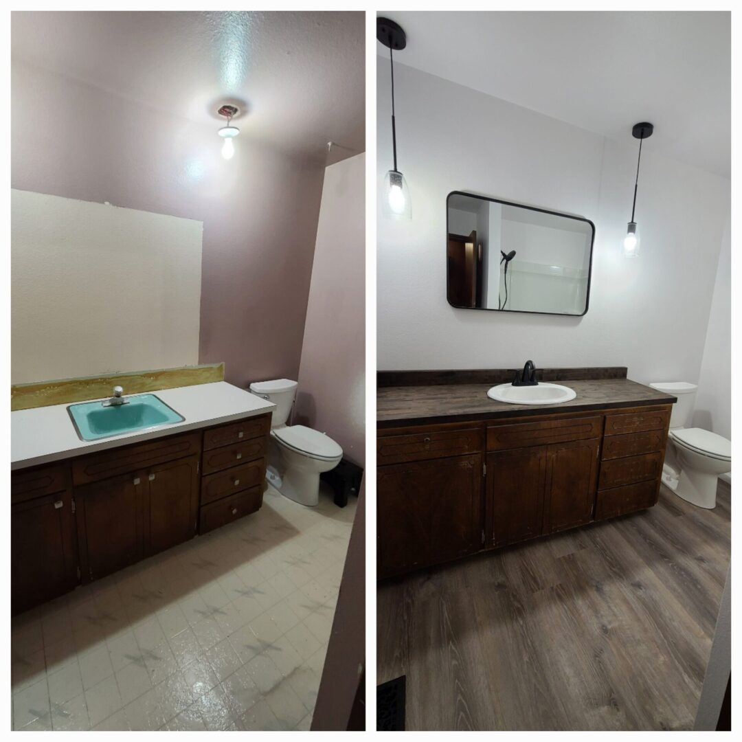 A before and after picture of the bathroom.